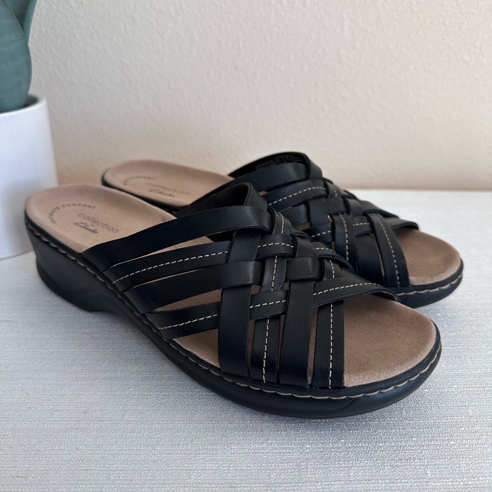 Clarks Black Strap Leather wedge Slide Sandals Women’s 9M